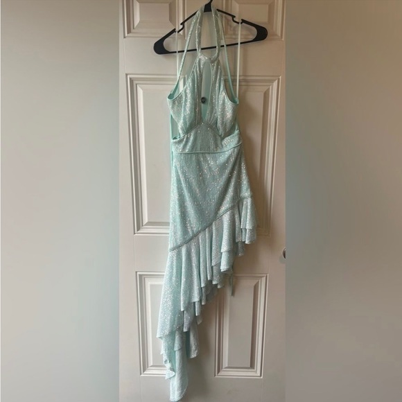 Ieena Mac Duggal 11274 Aqua Blue Sequin Halter Cut Out Ruffle Asymmetric Dress 6 - Picture 2 of 2